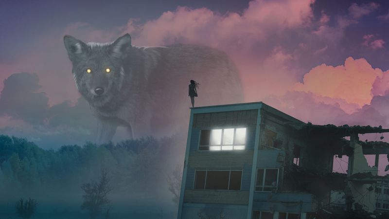 wolf, giant, girl, roof, fog, illusion, 4k