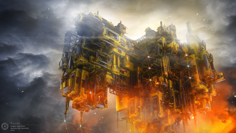 Grigori Shevtsov, drawing, building, science fiction, clouds, pipes, fire, birds, low-angle