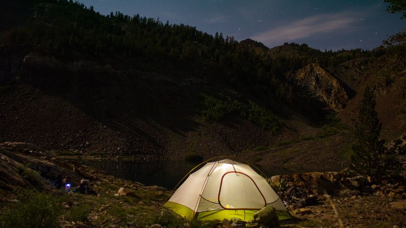 tent, camping, nature, mountains, lake, evening, 4k