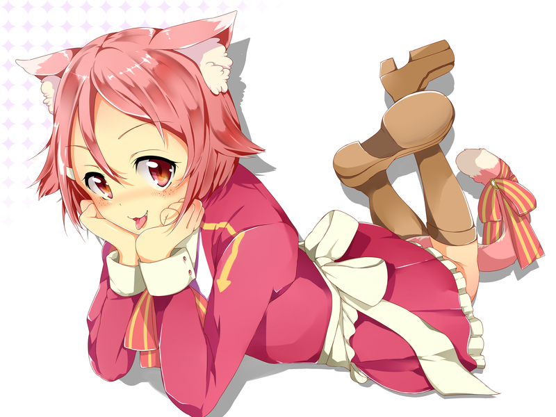 Sword Art Online, anime girls, anime, red eyes, tongue out, pink hair, animal ears