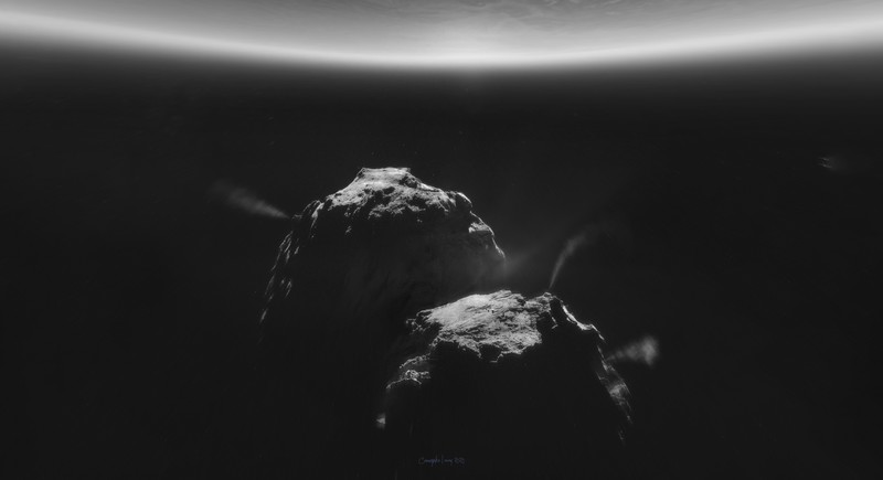 Photoshop, comet, monochrome, digital art, crowspike, Doomsday