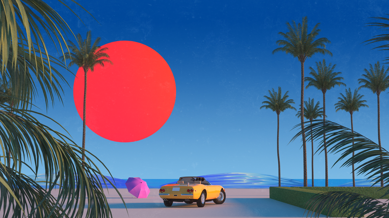 Trey Trimble, red sun, palm trees, car, vaporwave, yellow cars, digital art, artwork, vehicle, red, blue, Ferrari