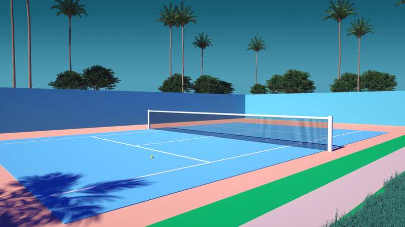 Trey Trimble, palm trees, tennis court, vaporwave, digital art, render, cyan