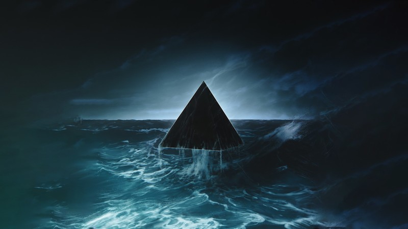 artwork, triangle, sea foam, pyramind, pyramid, storm, black, waves