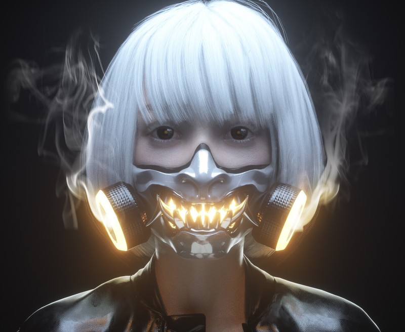 cyberpunk, mask, face, digital art, artwork, dark eyes, portrait, smoke, glowing, fangs