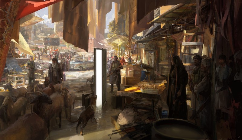 Market, city, door, people, artwork, ArtStation