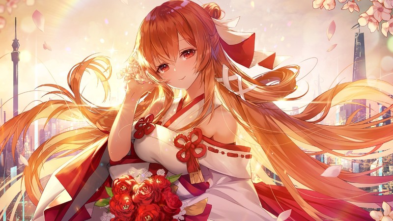 flowers, redhead, orange eyes, anime girls, anime