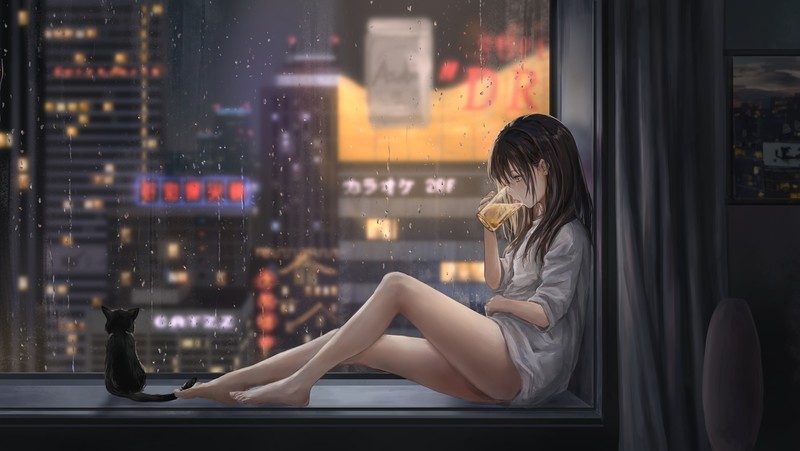 Anime, Anime Girls, Rain, Cats, Catzz, Window HD Wallpaper