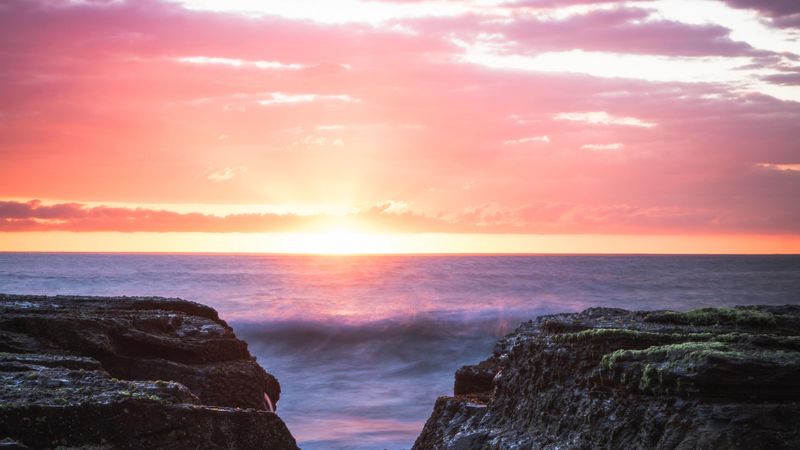 rocks, waves, sea, sunset, horizon, 4k