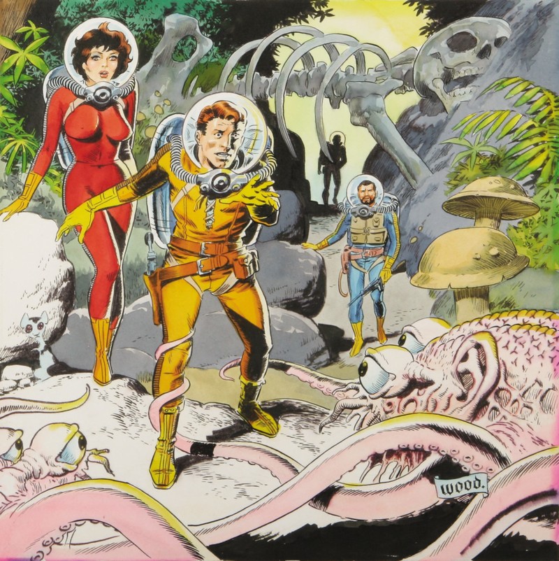 Wallace (Wally) Wood, retro science fiction, Pulp Magazine, science fiction, creature, Bubble Helmet, bones, mushroom