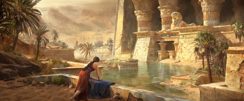 ArtStation, artwork, temple, water, fantasy art, fantasy girl, Egypt, palm trees