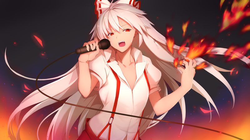 anime, anime girls, singer, open mouth, red eyes, microphone, long hair, fire, Touhou, Fujiwara no Mokou