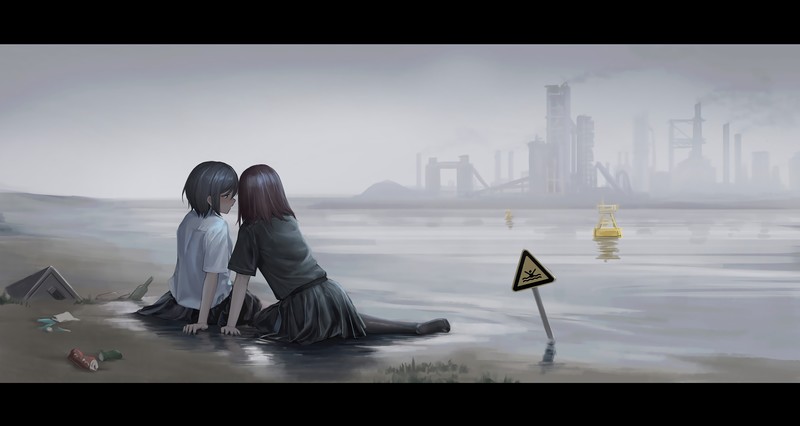 anime girls, sea, factory, warning signs, anime