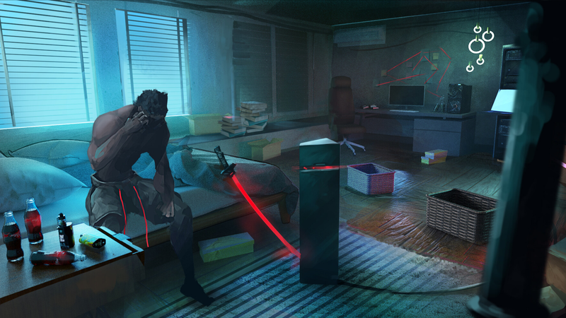 Cyberpunk 2077, Dark Cyberpunk, cyberpunk, katana, game art, room, cyan, video games
