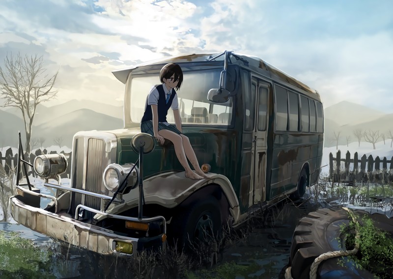 anime girls, tyres, snow, ropes, anime