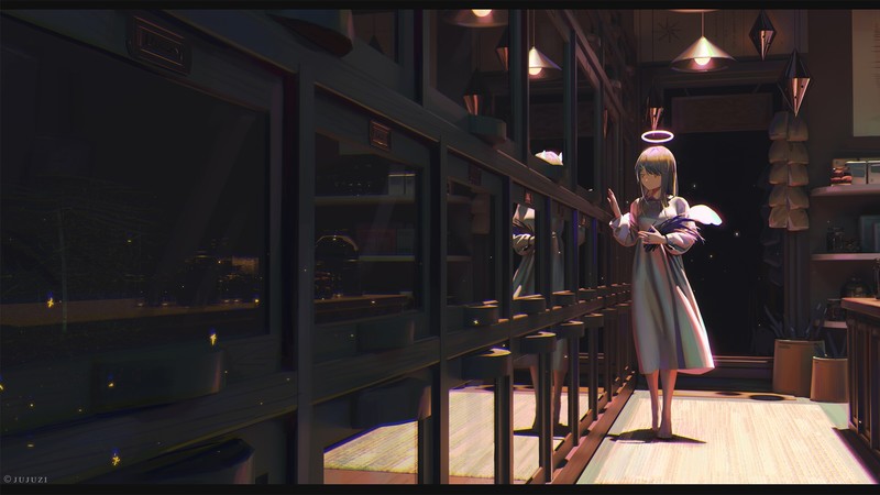 anime girls, angel, window, anime
