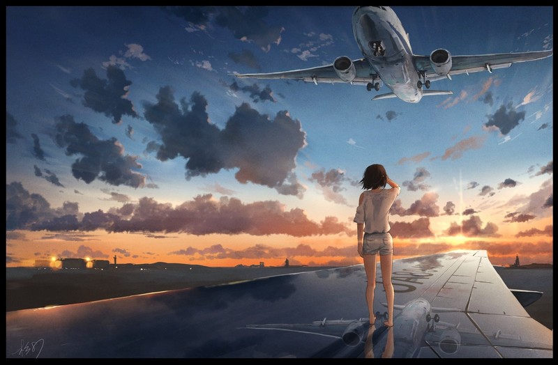 anime girls, airplane, train, sky, clouds, anime, vehicle, aircraft, barefoot, sunlight