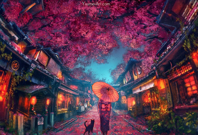 anime, street, cats, Yuumei