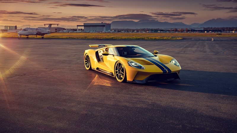 Ford GT, car, vehicle, sports car, airport, sunset, aircraft, yellow cars