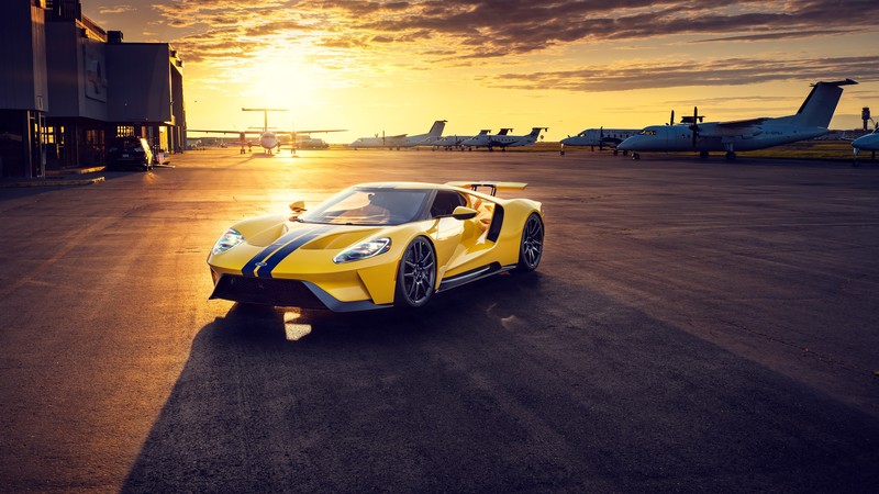 Ford GT, car, vehicle, sports car, airport, sunset, aircraft, yellow cars