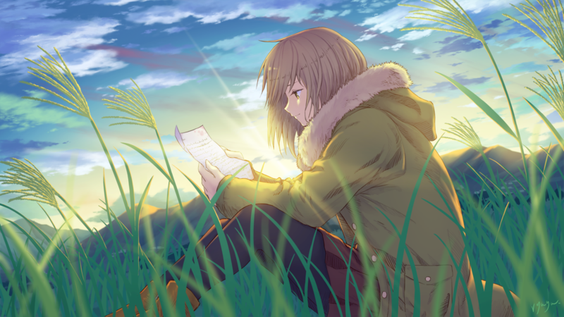 anime, anime girls, plants, field, outdoors, sky, sitting