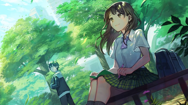 anime, anime girls, anime boys, outdoors, trees, clouds, bench, knee high socks, skirt, pen, flowers, nature, purse