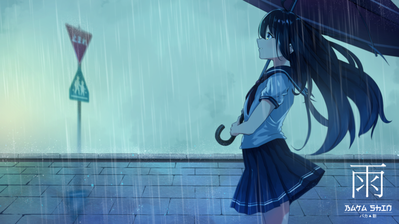 anime, anime girls, rain, umbrella, watermarked