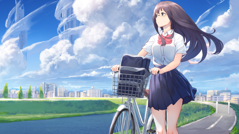 anime, anime girls, bicycle, long hair, sky, clouds, outdoors, vehicle