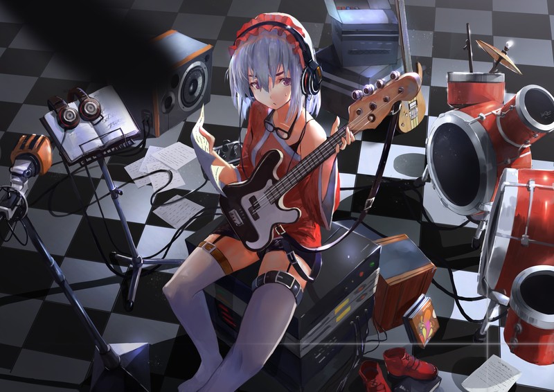 Hitsugi no Chaika, 2D, small boobs, anime girls, short hair, short shorts, thick thigh, electric guitar, headphones, bare shoulders, silver hair, white stockings, Chaika Bogdan, high angle, violet eyes, curvy, drum and bass, music sheet, fan art, women with glasses, barefoot, red boots