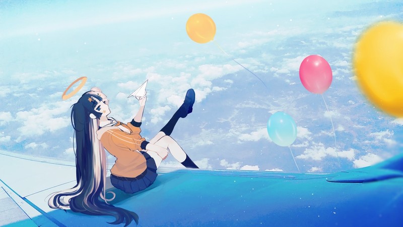 anime, anime girls, sky, long hair, balloon, clouds