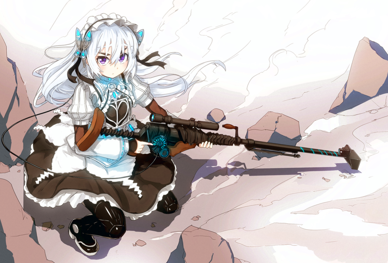 Hitsugi no Chaika, 2D, anime girls, gothic lolita, sniper rifle, fantasy weapon, female warrior, long hair, silver hair, Chaika Trabant, high angle, violet eyes, curvy, looking at viewer, fan art, thigh high boots