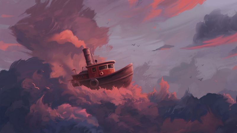 ship, clouds, art, sky, sail, fantastic, 4k