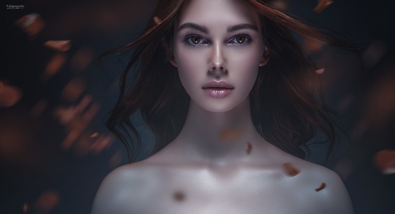women, model, photography, Photoshop, retouching, wind, orange, arlamovsky, face, portrait, petals, eyes, hair, plan