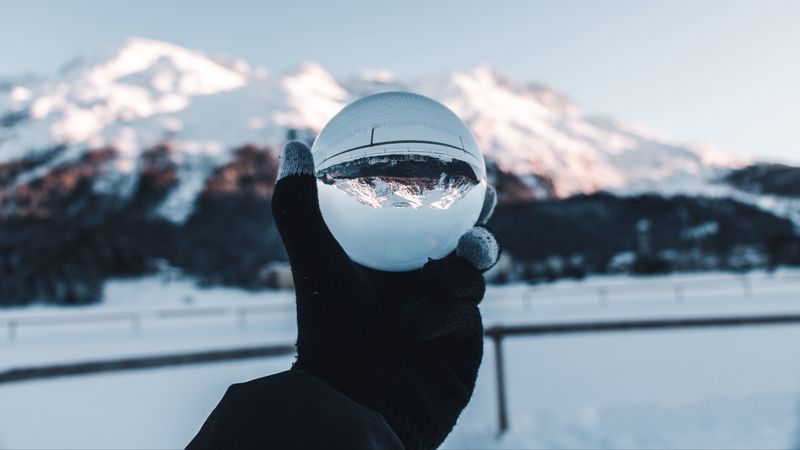 hand, ball, glass, mountains, optical illusion, 4k