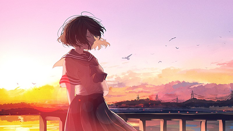 anime, anime girls, moescape, sunset, school uniform