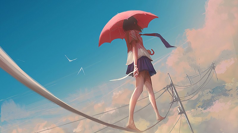 anime, anime girls, umbrella, outdoors, sky, clouds, barefoot, miniskirt