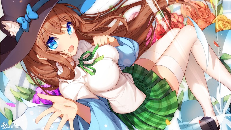 anime, anime girls, boobs, knee-highs, witch hat, schoolgirl uniform