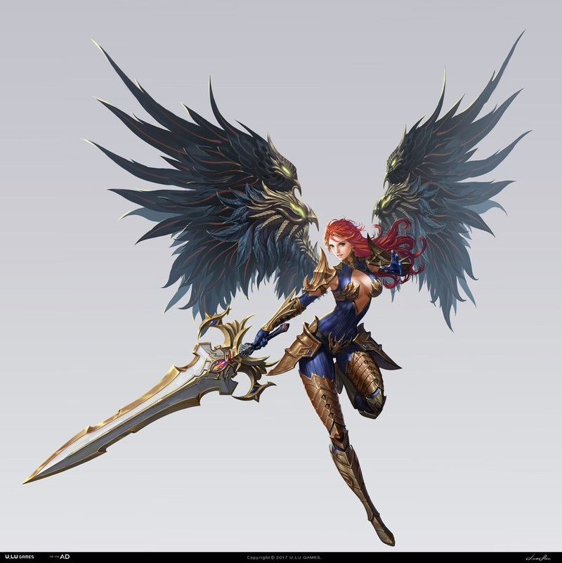 Donfoo, drawing, women, redhead, long hair, armor, wings, weapon, sword, simple background
