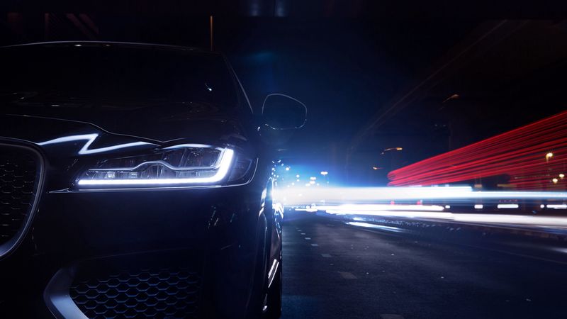 jaguar f-pace, jaguar, car, headlight, dark, night, backlight, closeup, 4k