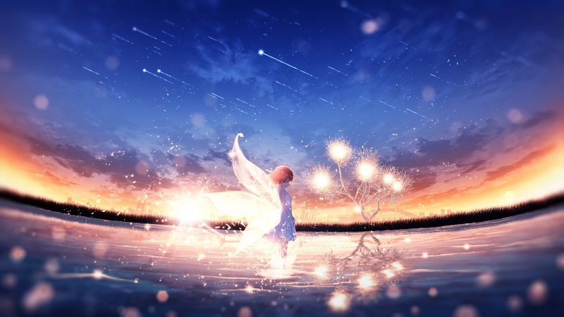 anime, anime girls, women, fantasy girl, digital art, artwork, illustration, environment, concept art, landscape, sky, skyscape, water, sea, fantasy art, wings, dreamscape, fireworks, trees, Sun, sunlight, sunset, reflection, nature, outdoors, dress, wind, wind chimes, comet, shooting stars