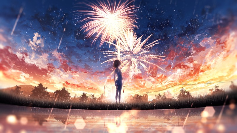 anime, anime girls, women, fantasy girl, digital art, artwork, illustration, environment, concept art, landscape, sky, skyscape, water, sea, reflection, nature, outdoors, Sun, sunlight, trees, fireworks, wind, wind chimes, sad, crying, woman crying, dress, tears, clouds, lights