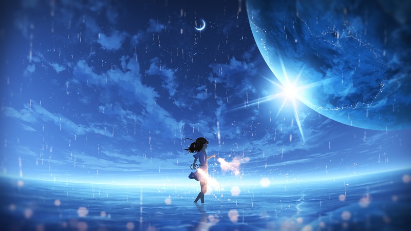 anime, digital art, artwork, illustration, environment, concept art, landscape, sky, skyscape, water, sea, fantasy art, planet, blue, clouds, nature, outdoors, fireworks, Moon, Sun, sunlight, dreamscape, rain, reflection, wind, wind chimes