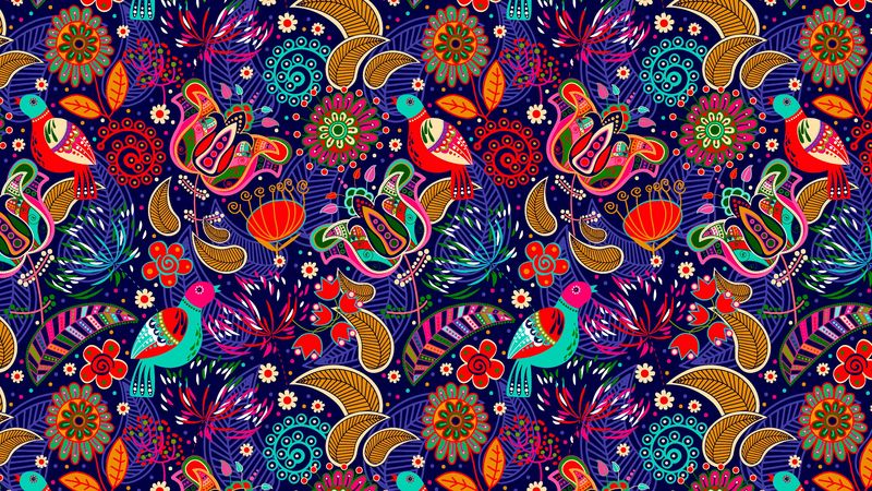 pattern, colorful, folklore, motley, bright, flowers, birds, 4k