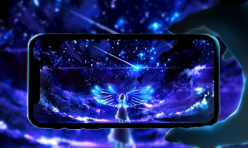 anime, anime girls, women, fantasy girl, digital art, artwork, illustration, fantasy art, environment, concept art, phone, phone camera, smartphone, cellphone, comet, shooting stars, night, sky, skyscape, landscape, clouds, night sky, starred sky, starry night, stars, horizon, hands, outdoors, wings, lights