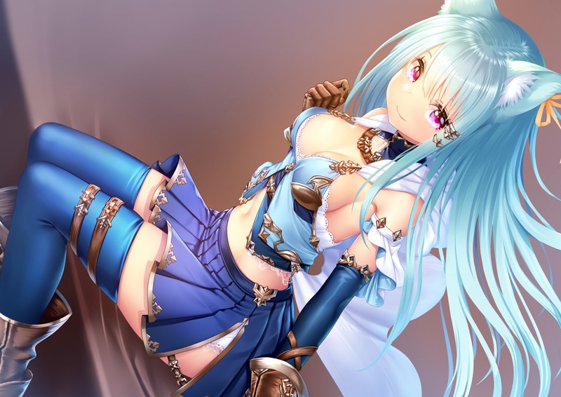 skirt, long hair, animal ears, thighs, navels, gloves, elbow gloves, cleavage, aqua hair