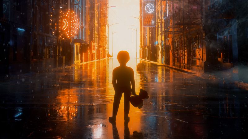 child, city, flash, street, light, bright, 4k