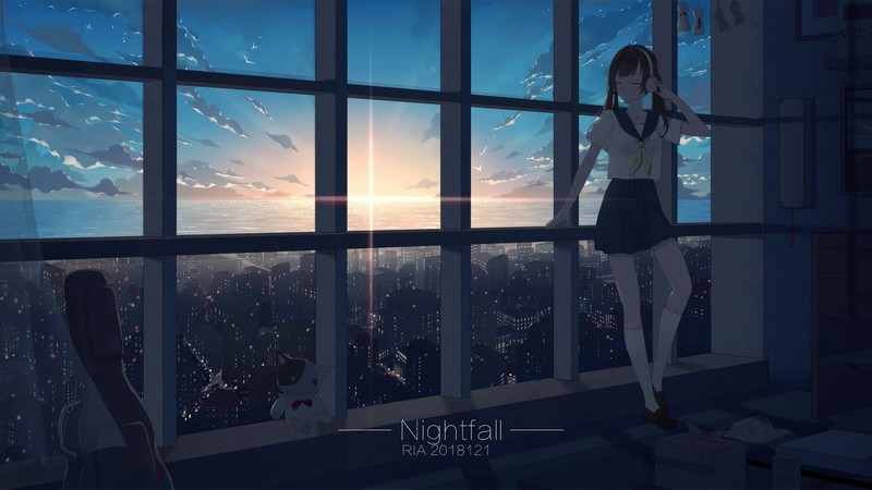 sky, clouds, school uniform, sunset, anime