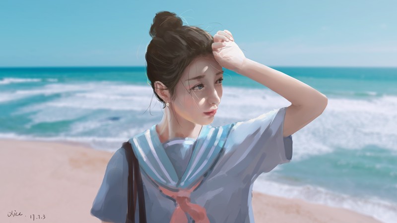 sky, JK, anime girls, anime, dark hair, beach, outdoors, sea, face