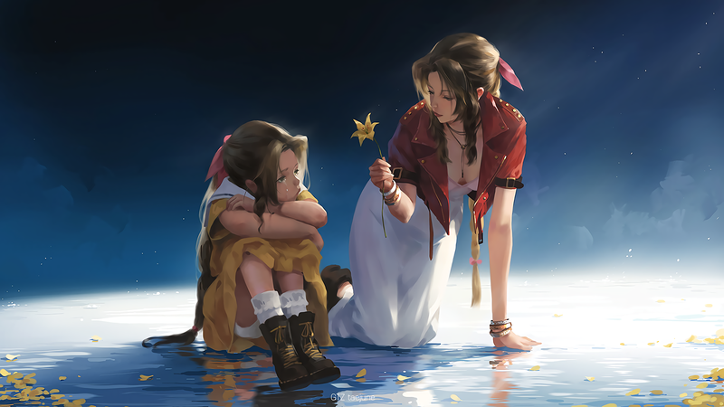long hair, water, leaves, flowers, Final Fantasy VII, bracelets, necklace, cleavage, Aerith Gainsborough, anime