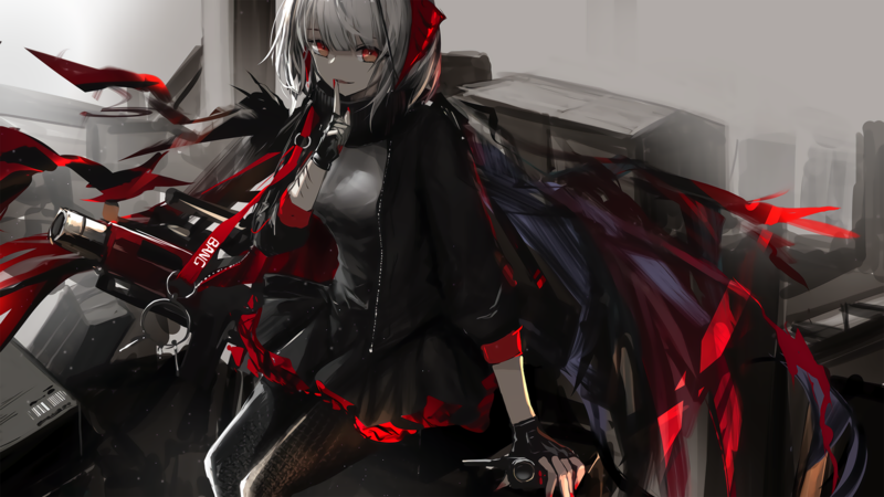 short hair, gray hair, dress, gloves, weapon, red eyes, Arknights, W(Arknights)
